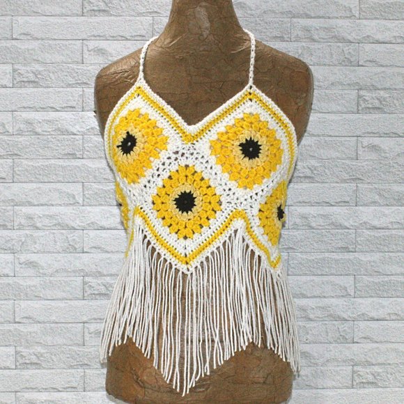Hand Crafted Tops - HAND CRAFTED Crop Top Sunflower Crochet Fringe Granny Square Yellow Various